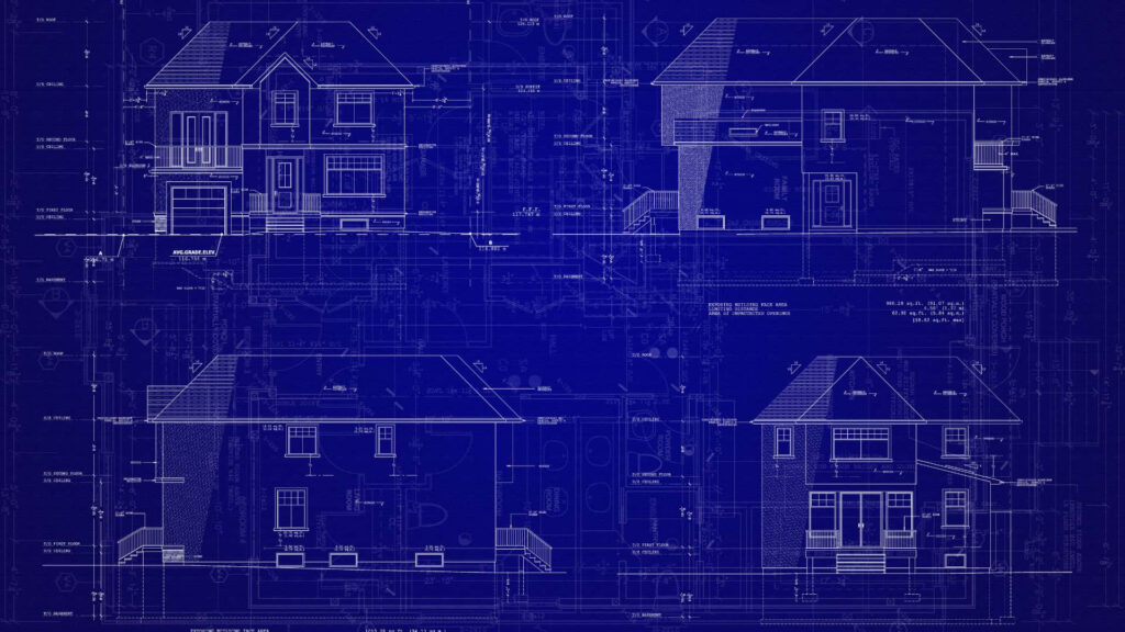 Detailed architectural blueprint of residential house elevations on classic blue background wallpaper