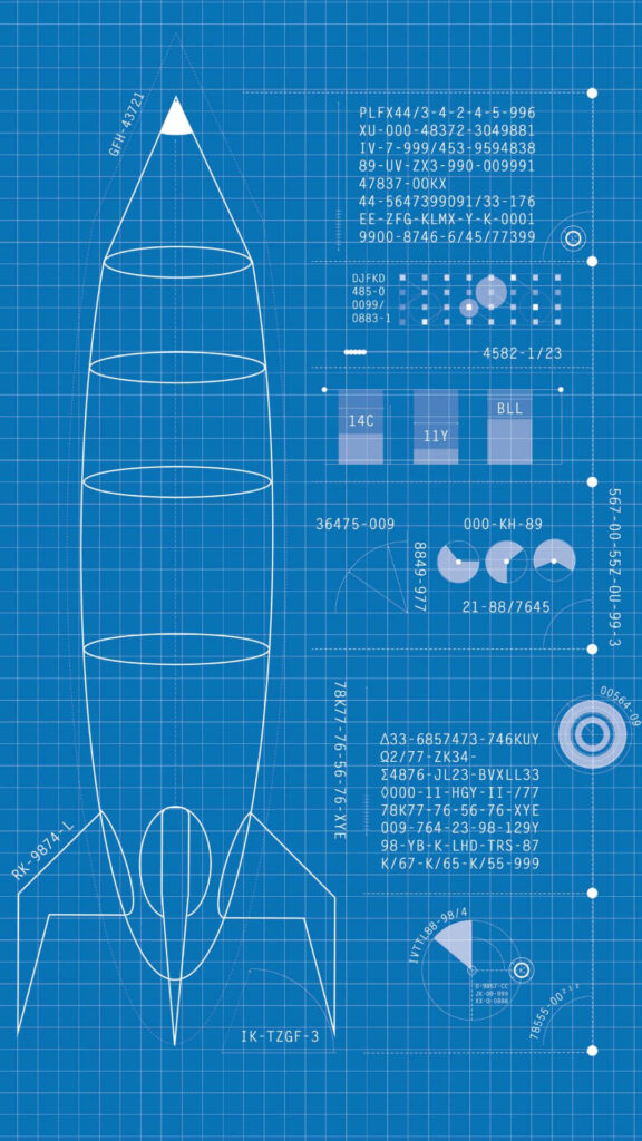Rocket blueprint design on blue grid background with technical diagrams and futuristic data elements Wallpaper