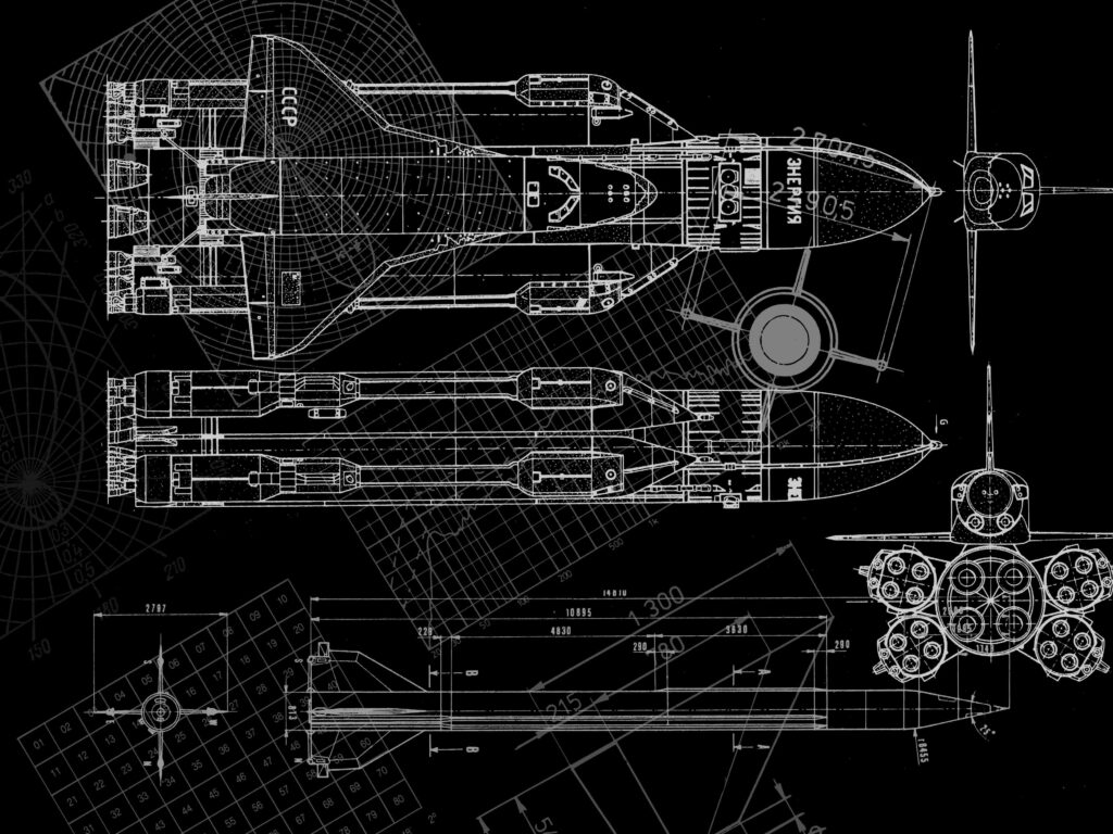 Detailed spacecraft blueprint wallpaper with technical schematics on sleek black background