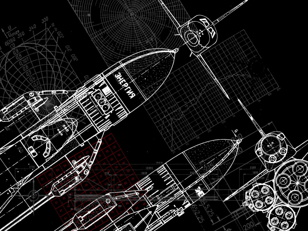 Detailed spacecraft blueprint wallpaper with technical drawings and engineering schematics dark background