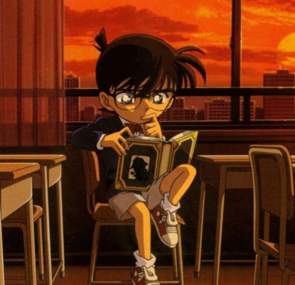 Detective Conan Reading in Classroom - Vibrant Sunset Wallpaper