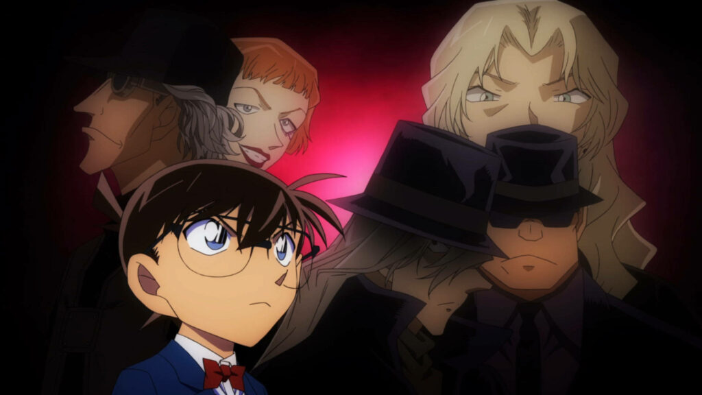 Detective Conan Wallpaper: Conan vs. Black Organization in Dark Theme