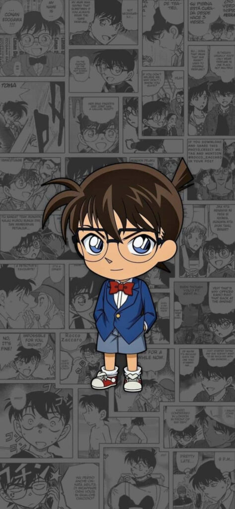 Detective Conan Wallpaper: Blue Suit & Red Bow Tie on Manga Background