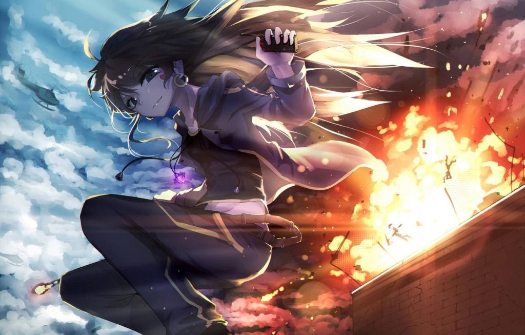 Determined anime girl with long hair holding detonator before huge fiery explosion wallpaper