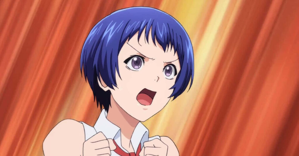 Determined anime character with short blue hair and purple eyes on vibrant colorful background Wallpaper