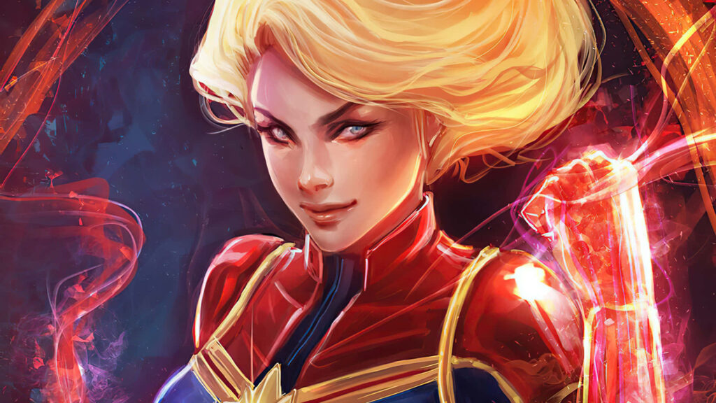 Fierce and Patriotic: Captain Marvel Unleashed in the Cosmic Battlefield Wallpaper