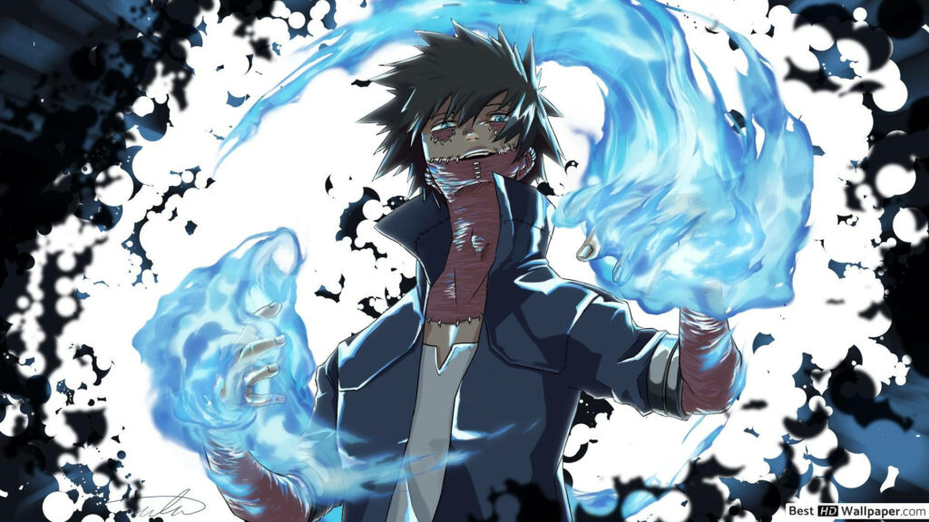 Dabi from My Hero Academia in powerful pose with blue flames - wallpaper featuring iconic character - background