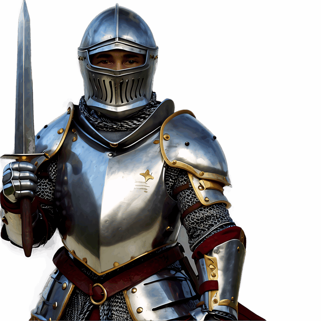 Determined knight in shining armor with sword in reflective steel plate and chainmail wallpaper