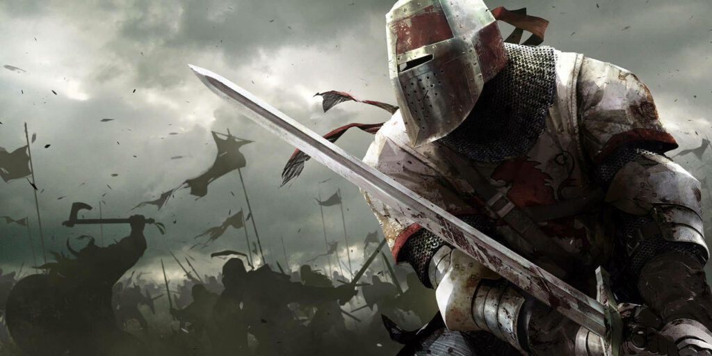 Determined knight in weathered armor gripping sword on chaotic medieval battlefield under stormy sky Wallpaper