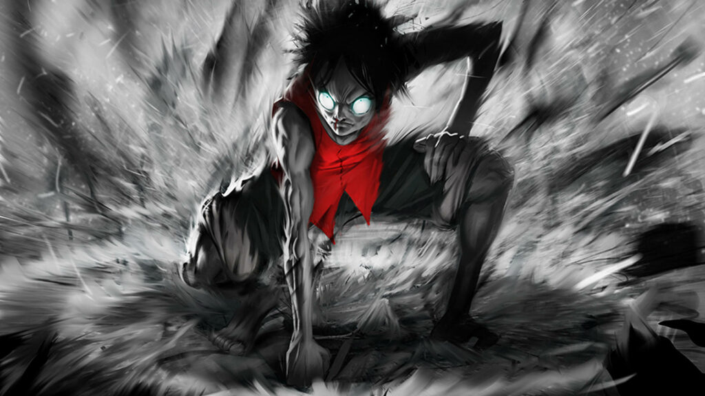 Furious Fist on Anime Background: Luffy's Ground-shattering Outburst Wallpaper