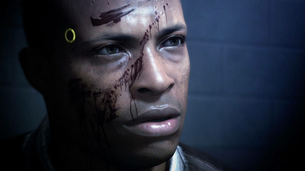 Detroit Become Human Carlos android wallpaper with lifelike skin textures and dramatic blood streaks
