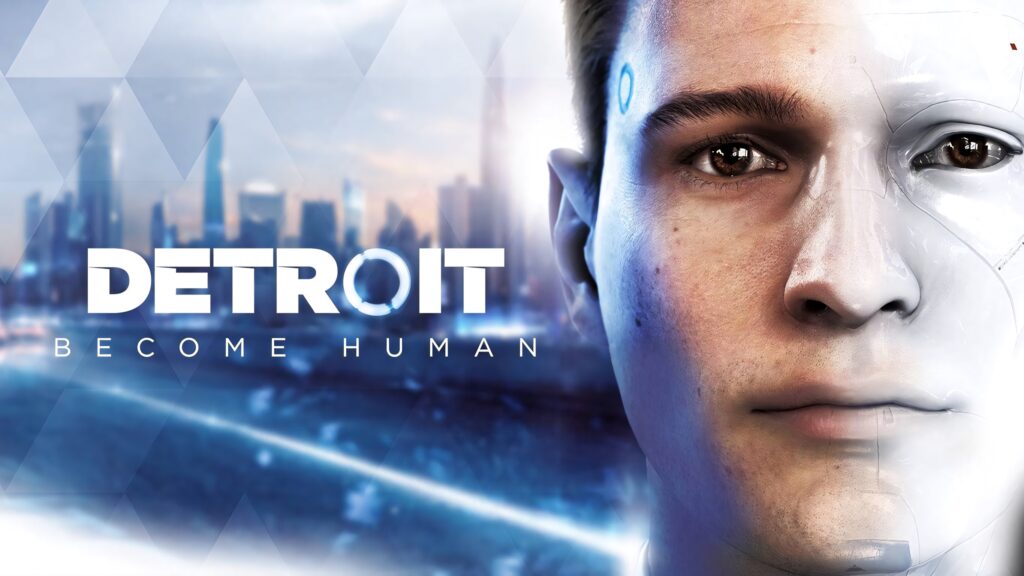 Detroit Become Human wallpaper with Connor android half robotic face futuristic cityscape background