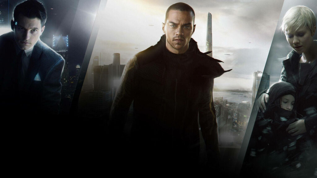 Detroit Become Human wallpaper with Connor Markus Kara in futuristic cityscape cinematic style