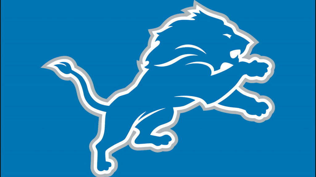 Detroit Lions logo in white and silver on vibrant sky blue background with dynamic leaping lion Wallpaper