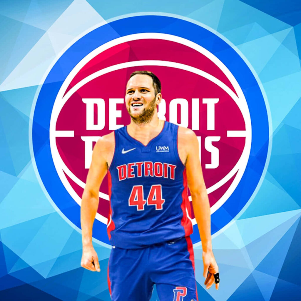 Detroit Pistons Bojan Bogdanović poster with blue geometric background and team logo wallpaper