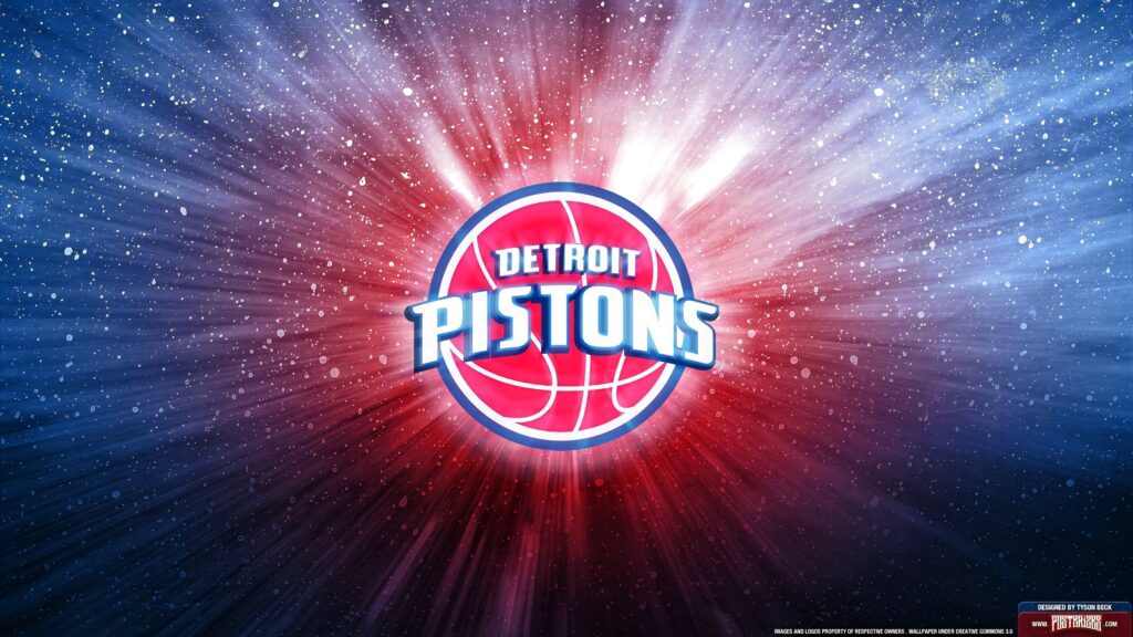 Detroit Pistons logo glowing with dynamic red and blue light rays on vibrant wallpaper background