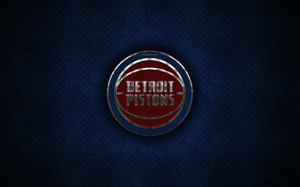 Detroit Pistons logo on blue textured metal background with bold red and silver tones wallpaper