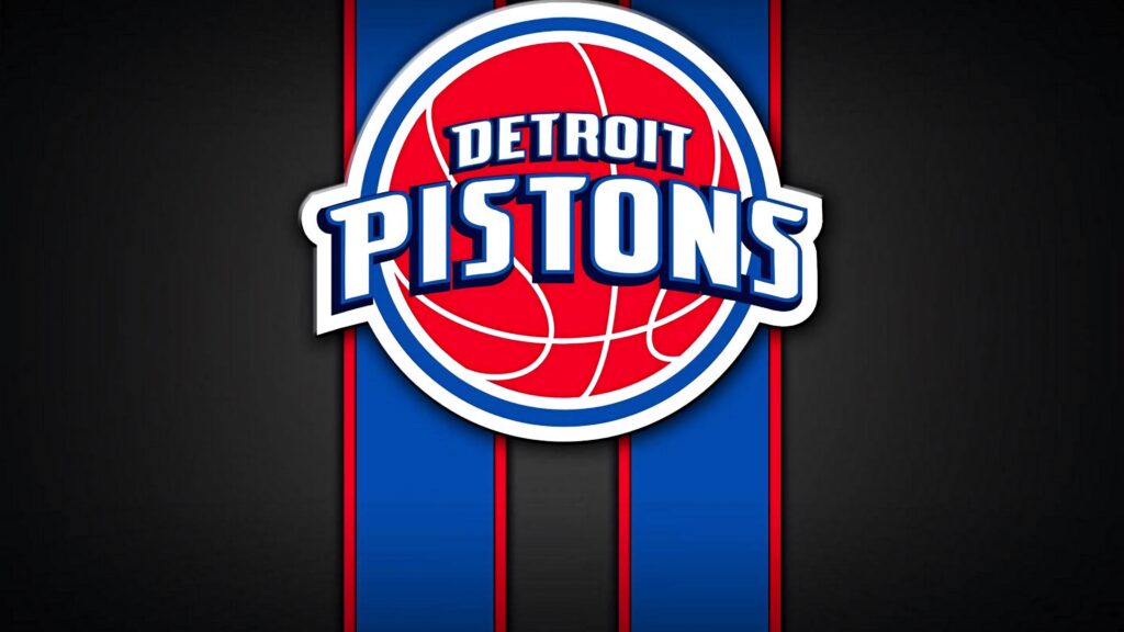 Detroit Pistons logo wallpaper with bold red white blue on dark background with vertical stripes