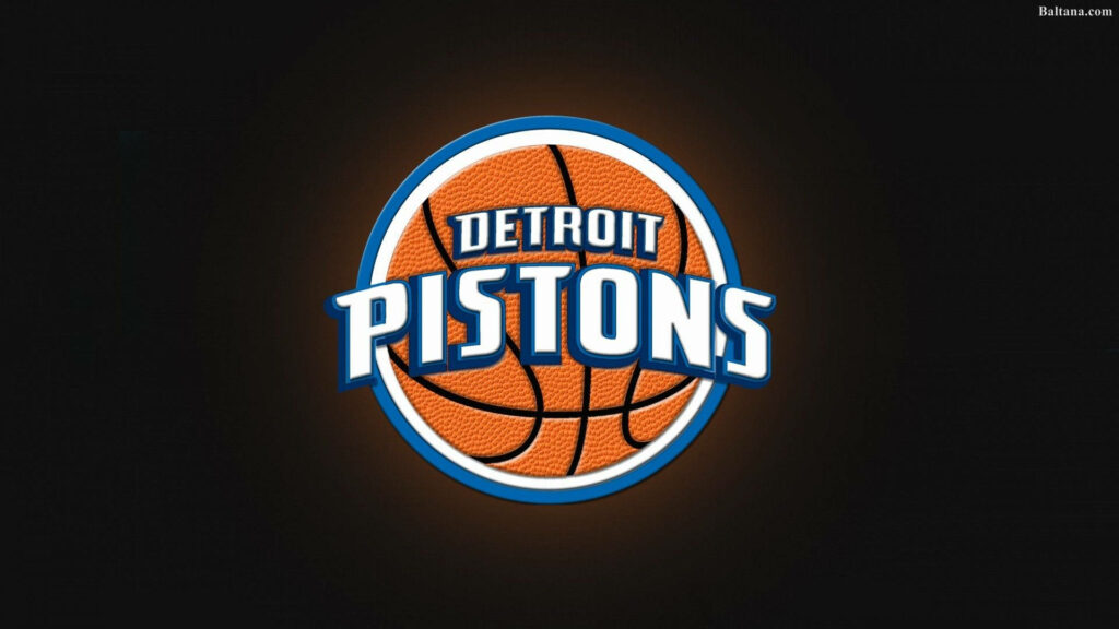 Detroit Pistons logo wallpaper with glowing basketball texture and bold blue white text background