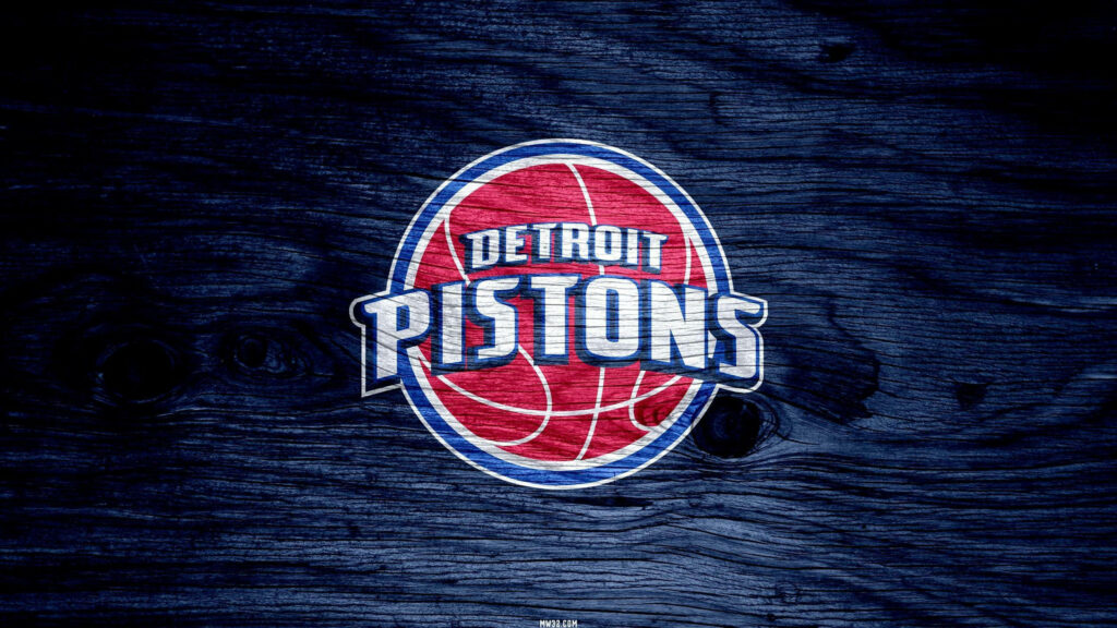 Detroit Pistons logo on textured deep blue wooden background with bold red and white tones Wallpaper