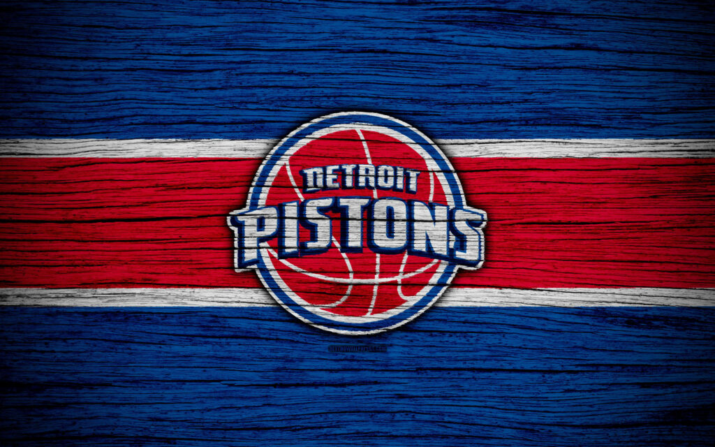 Detroit Pistons logo on bold wood texture with red blue and white stripes NBA team wallpaper