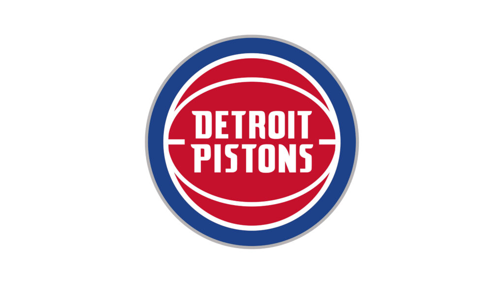 Detroit Pistons modern logo wallpaper red basketball white text blue gray border dynamic design