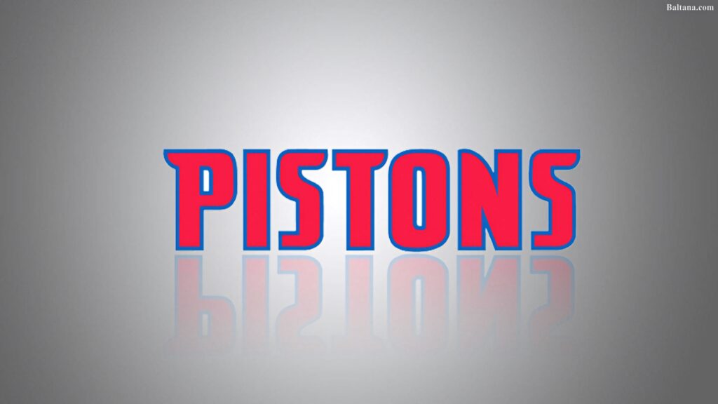 Detroit Pistons wallpaper with bold red blue lettering on gray gradient background and reflection