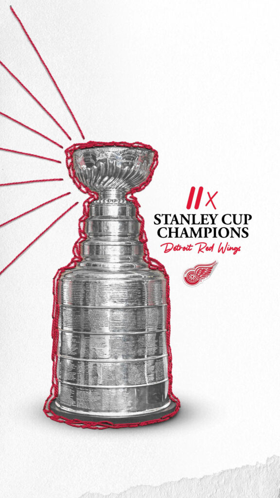 Detroit Red Wings wallpaper with bold red Stanley Cup outline on white 11-time champions background