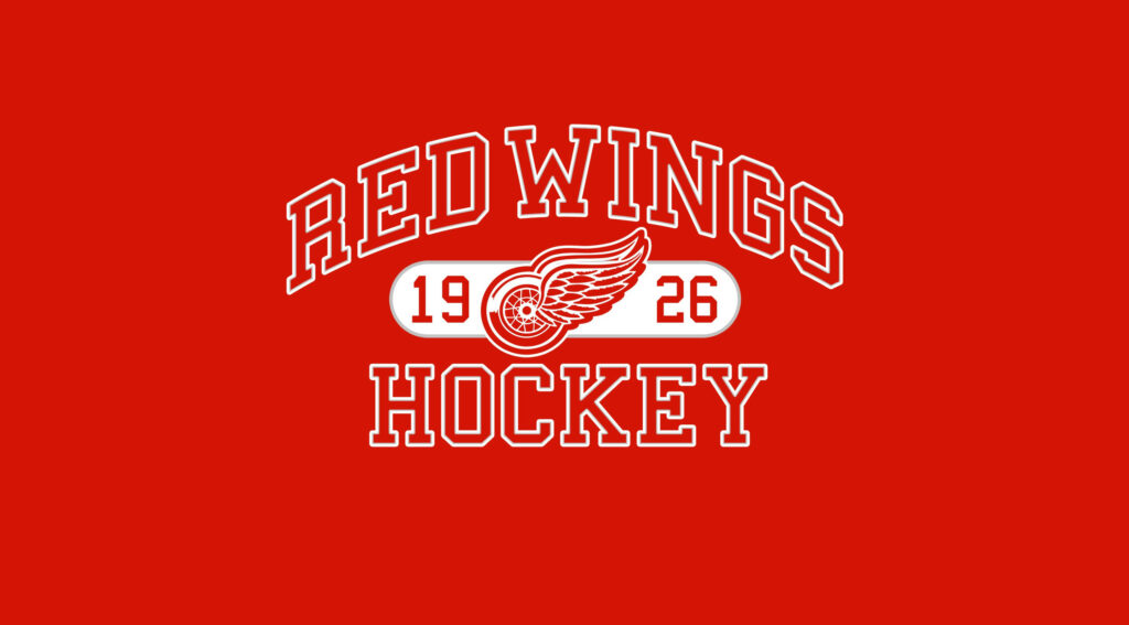 Detroit Red Wings wallpaper with winged wheel logo and varsity Red Wings Hockey text on red background