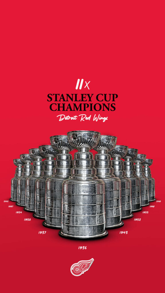 Detroit Red Wings wallpaper with eleven shining Stanley Cups and winged wheel logo on red background