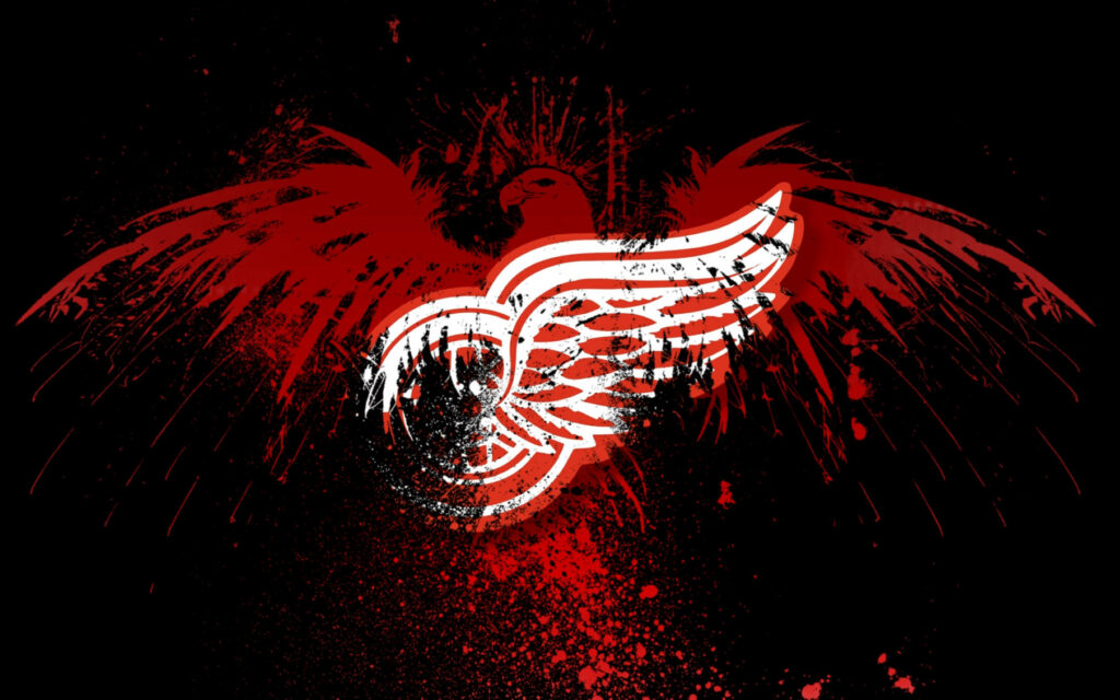 Detroit Red Wings logo with grunge splatters eagle silhouette bold red white on black background Wallpaper