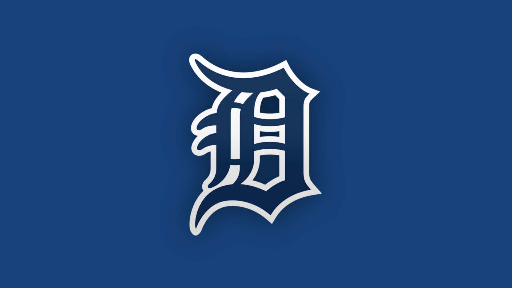 Detroit Tigers logo in dark blue gothic font on solid blue background classic sports wallpaper