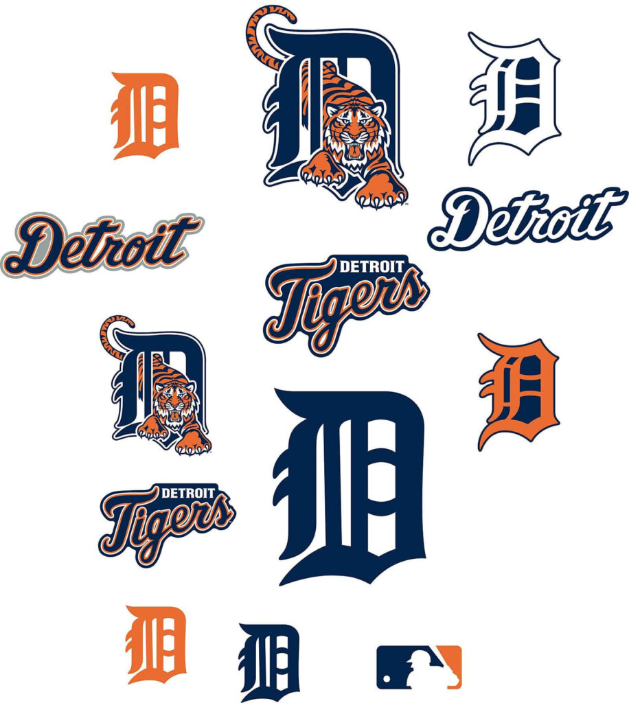Detroit Tigers logos wallpaper featuring classic and modern Old English D tiger designs in navy orange and white