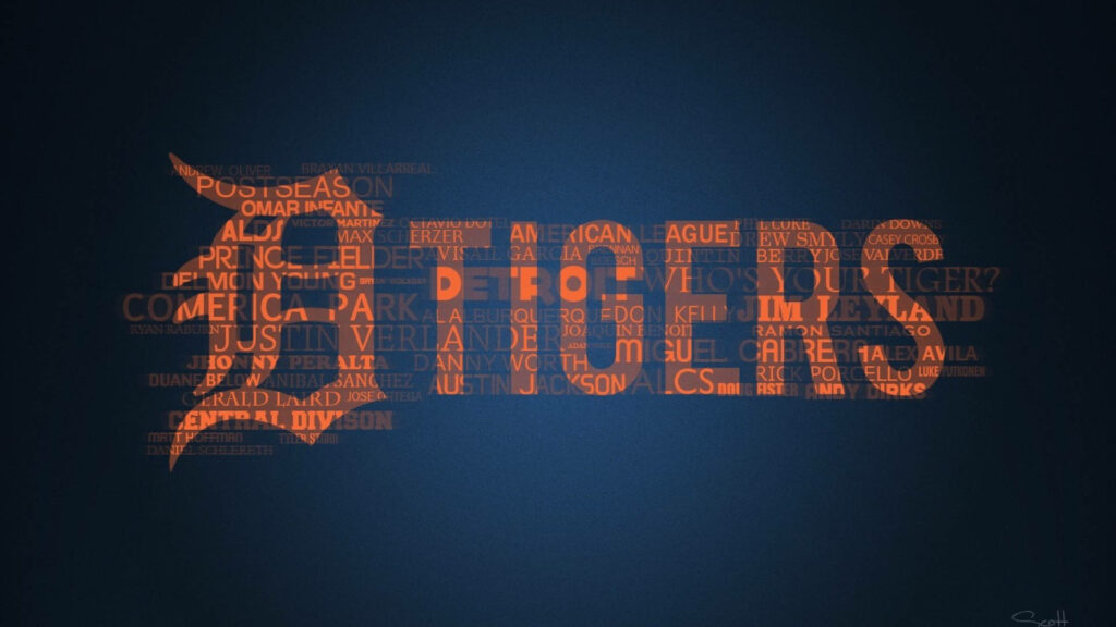 Detroit Tigers logo collage with player names and baseball terms in bold orange on blue background Wallpaper