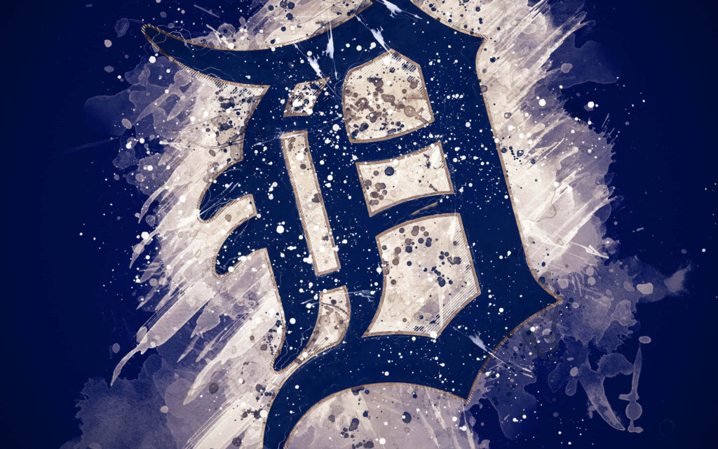 Detroit Tigers logo with dynamic white gray paint splashes on deep navy urban sports wallpaper