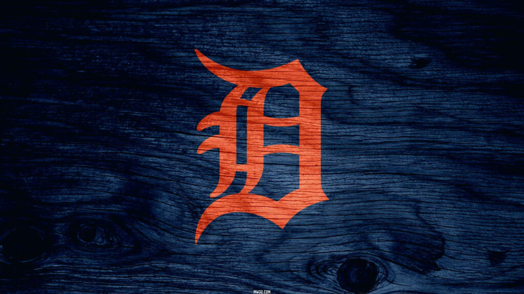 Detroit Tigers logo in bold orange on textured dark blue wooden background wallpaper