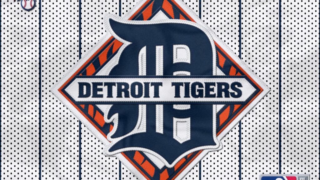 Detroit Tigers logo wallpaper with navy Old English D on orange white diamond background striped