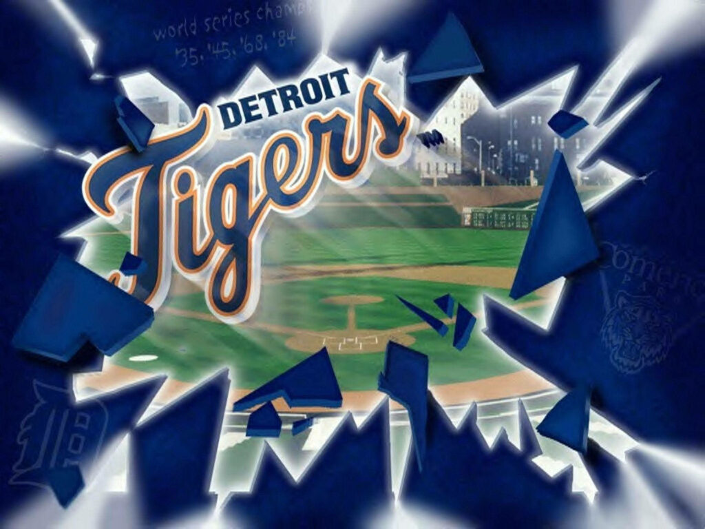 Detroit Tigers wallpaper with shattered glass effect over classic ballpark in vivid blues and greens