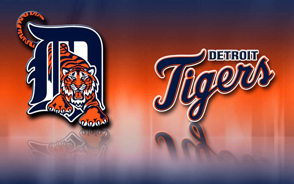 Detroit Tigers wallpaper with fierce tiger and bold Old English D on orange blue gradient background