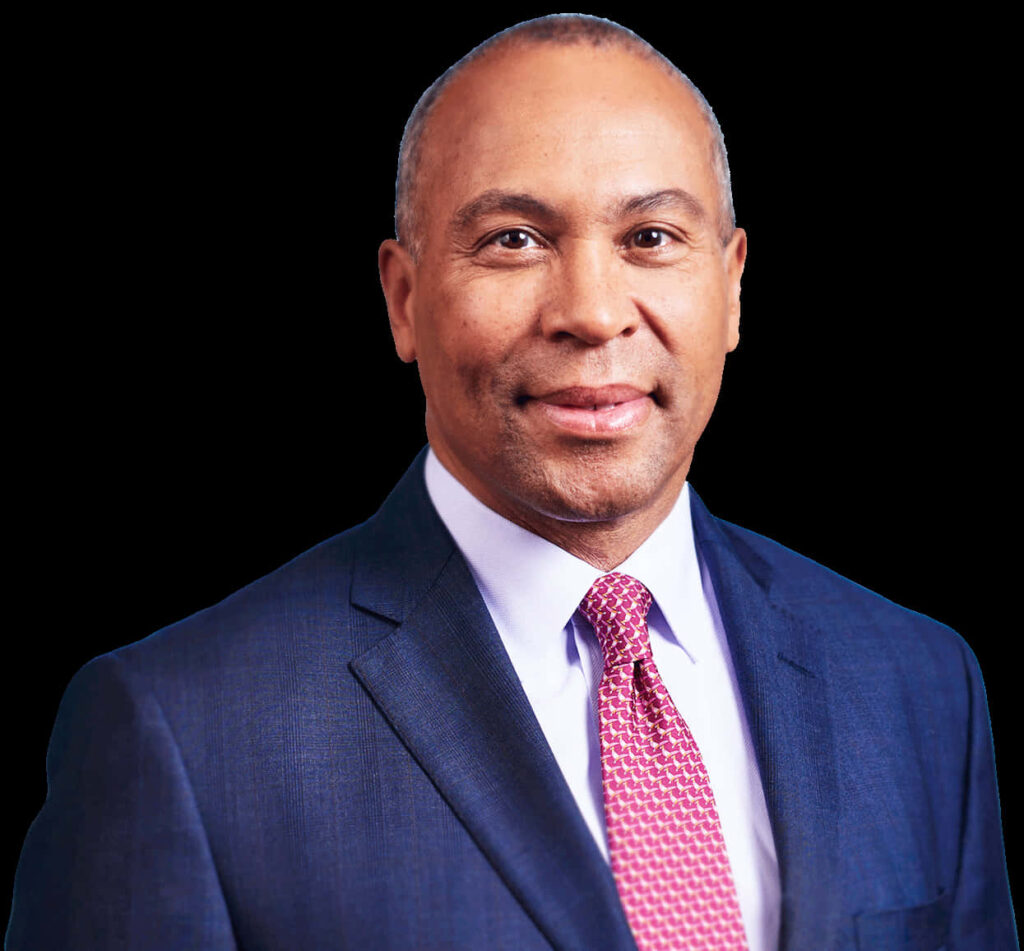 Deval Patrick official portrait wearing dark blue suit white shirt red patterned tie formal style Wallpaper