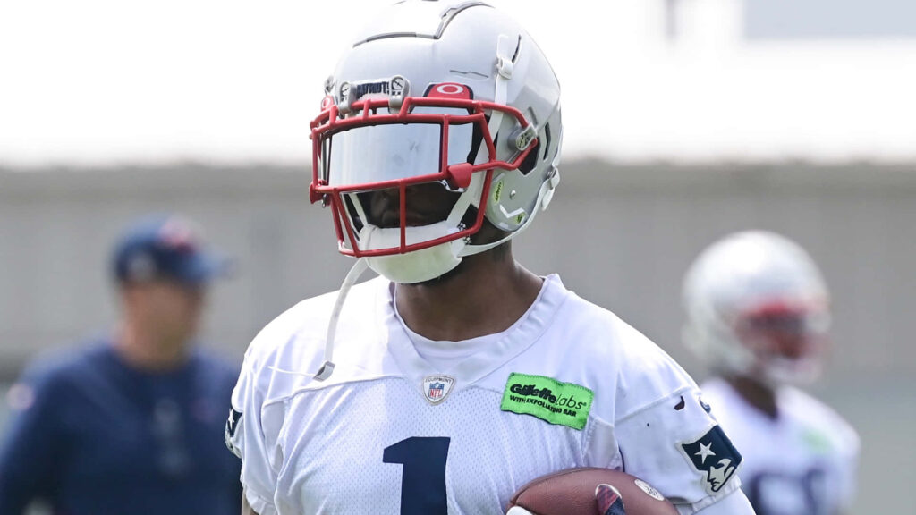 Devante Parker in New England Patriots uniform focused during football practice holding ball Wallpaper