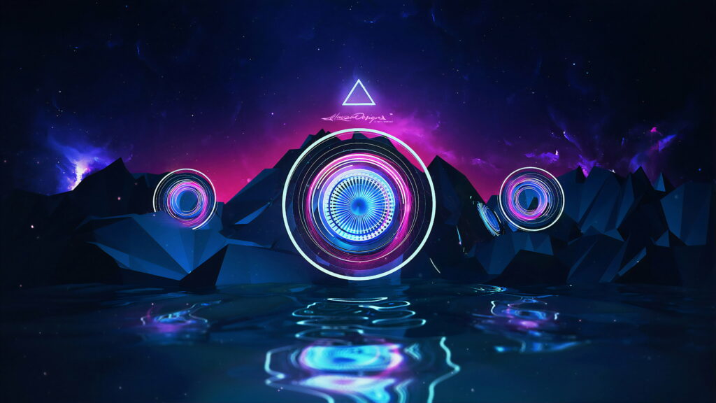 4K abstract digital wallpaper glowing neon rings above dark low poly mountains with water reflection