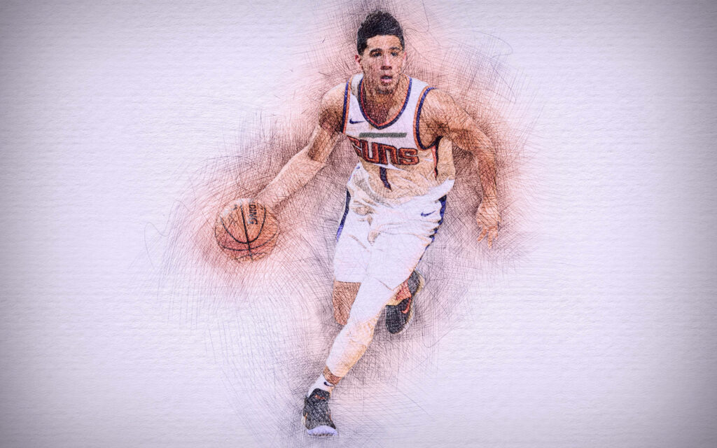 Devin Booker colored pencil sketch in Phoenix Suns jersey dynamic action pastel art wallpaper