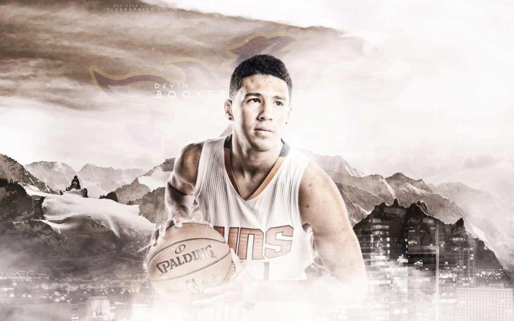 Devin Booker Phoenix Suns wallpaper faded poster style misty mountains city lights background