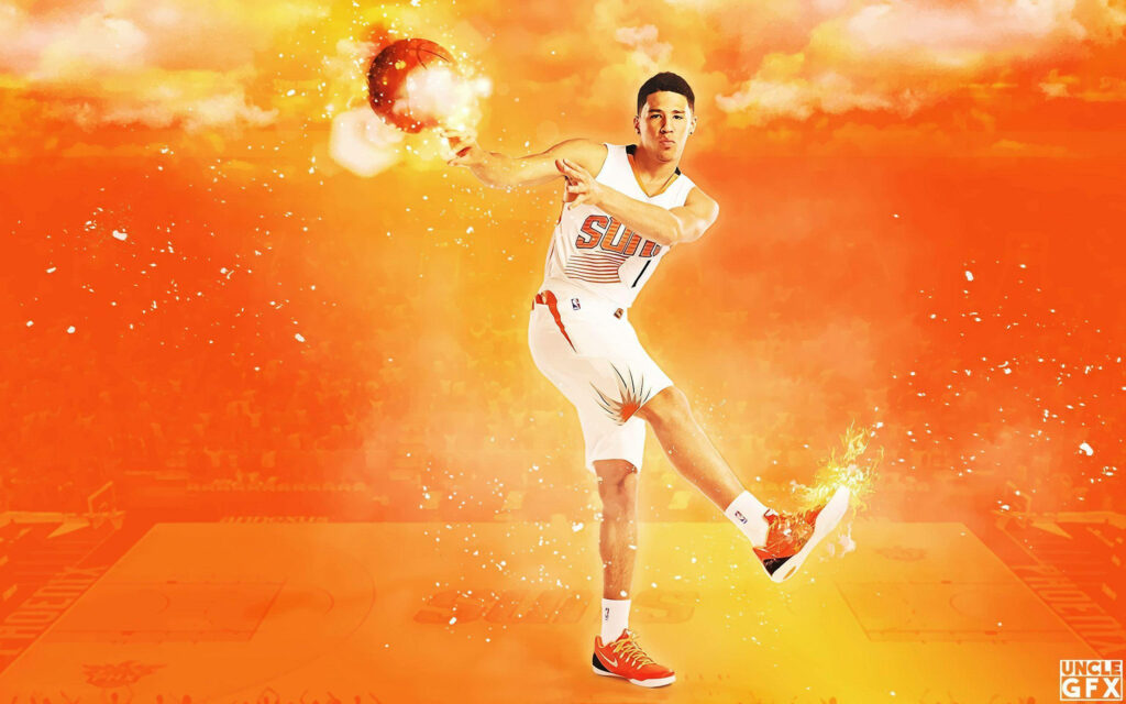 Devin Booker in Suns uniform holding flaming basketball on vivid burning orange sports wallpaper