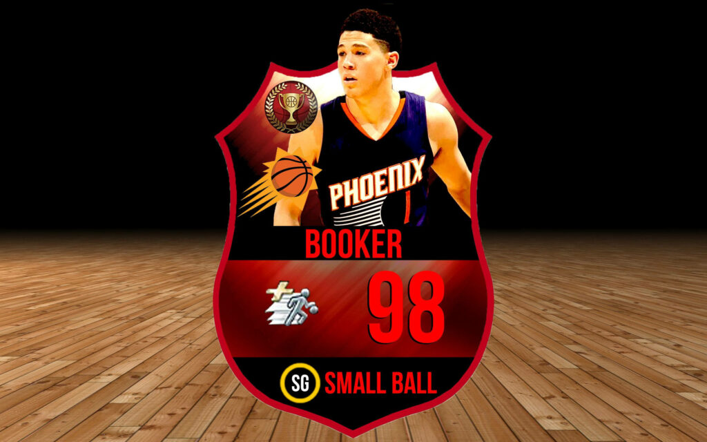 Devin Booker Phoenix Suns 98 rating small ball shooting guard on vibrant red gold badge wallpaper