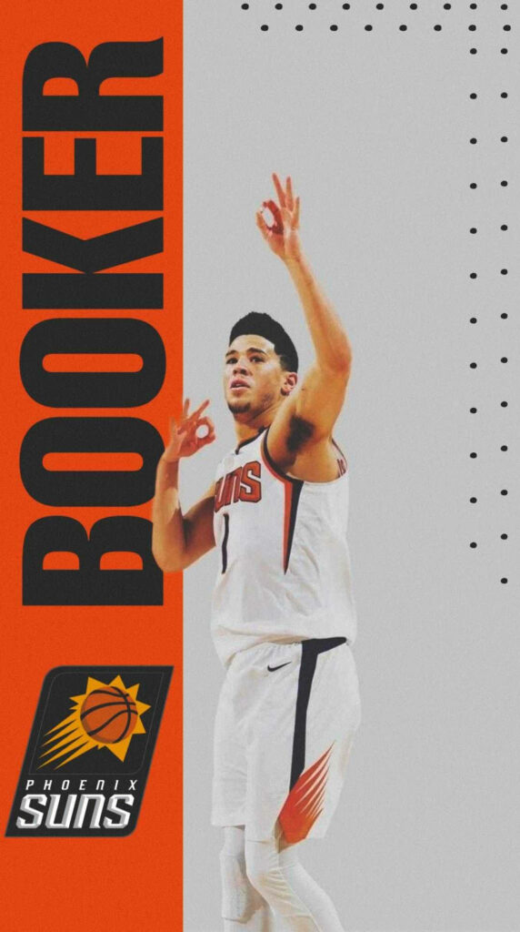 Devin Booker Phoenix Suns wallpaper vibrant orange black design basketball action background