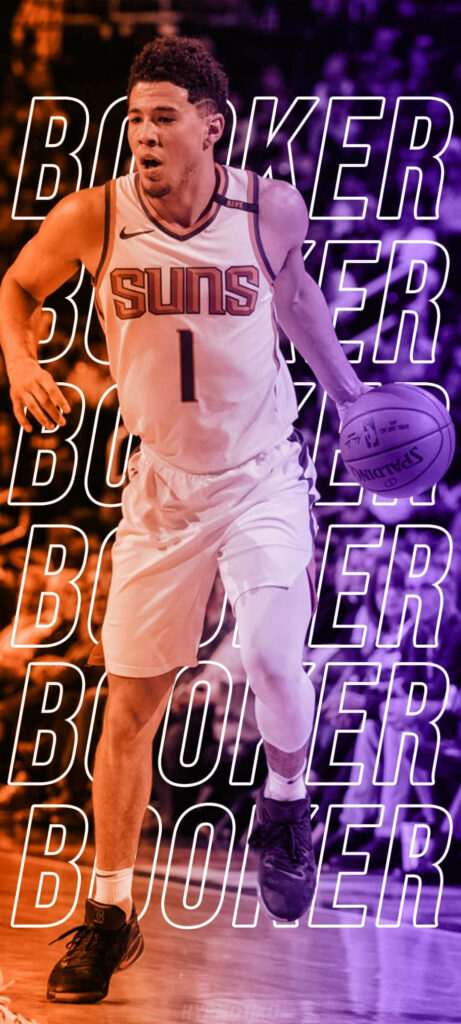 Devin Booker Phoenix Suns action shot orange purple gradient basketball dynamic wallpaper