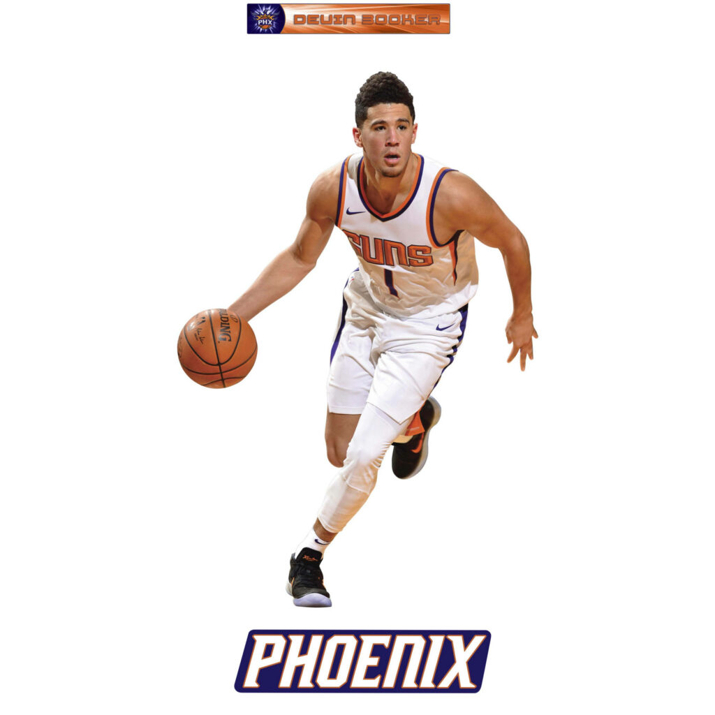 Devin Booker dribbling basketball in Phoenix Suns uniform minimalistic white background poster Wallpaper
