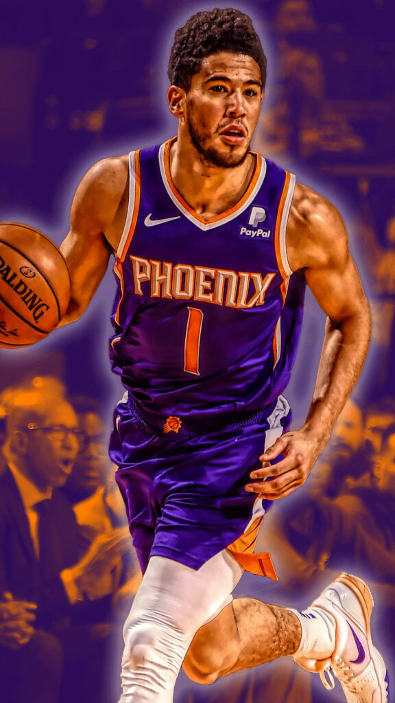 Devin Booker Phoenix Suns in purple jersey dynamic lighting basketball wallpaper background